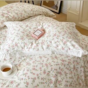 White Ruffle Duvet Cover Queen Pink Floral Bedding Set